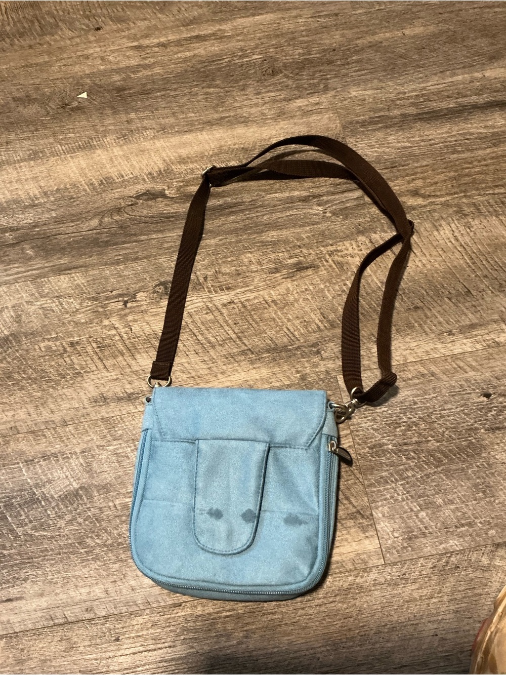Travelon Light Blue Crossbody Bag with Brown Strap - Picture 5 of 5